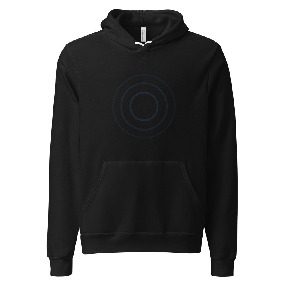 VEIL Dark Surface Hoodie 01 in Schwarz – Frontansicht mit tonalblauem Ripple-Signal