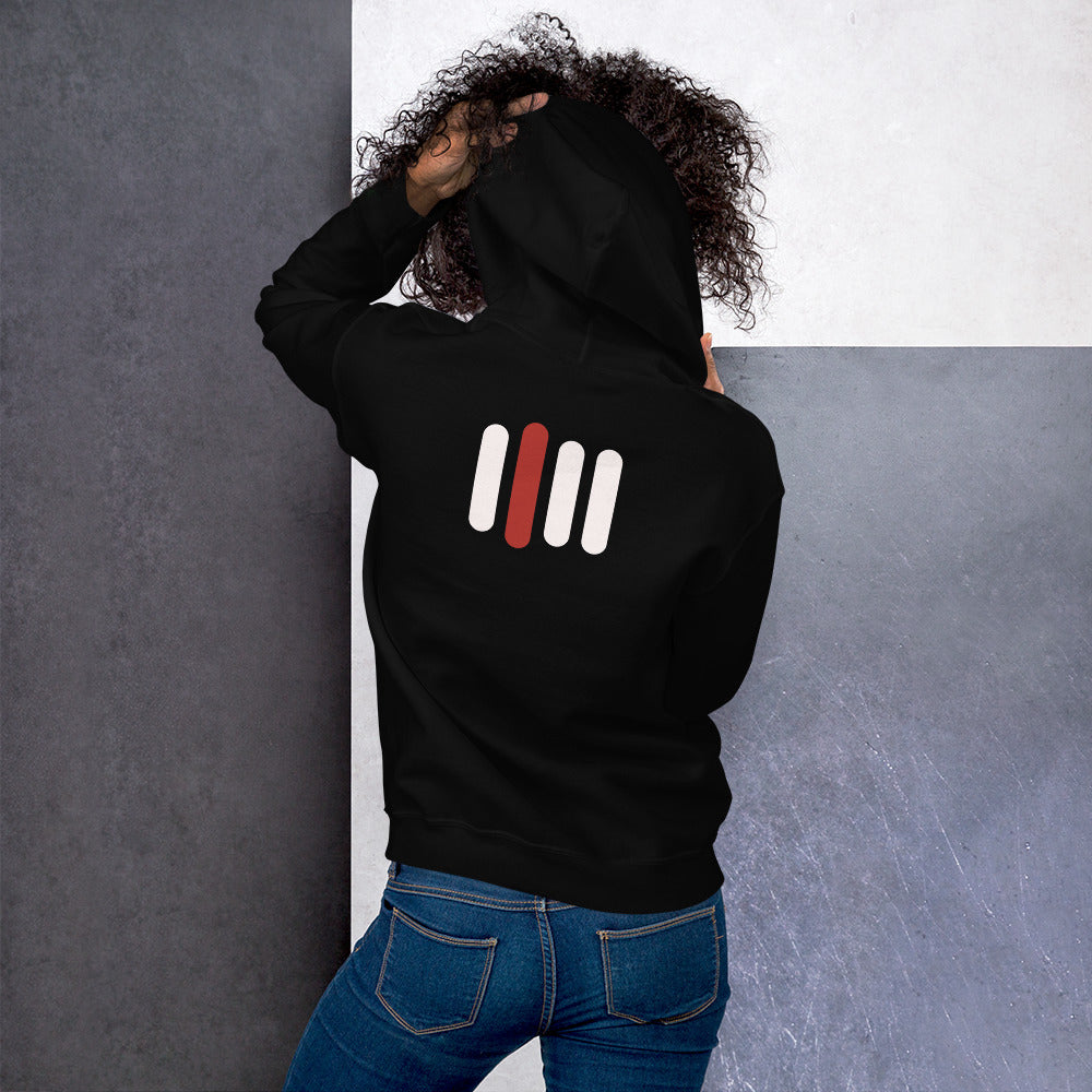 iPii.TV Daily Home Mode Hoodie in Schwarz – getragene Rückenansicht mit großem Vier-Balken-Zeichen
