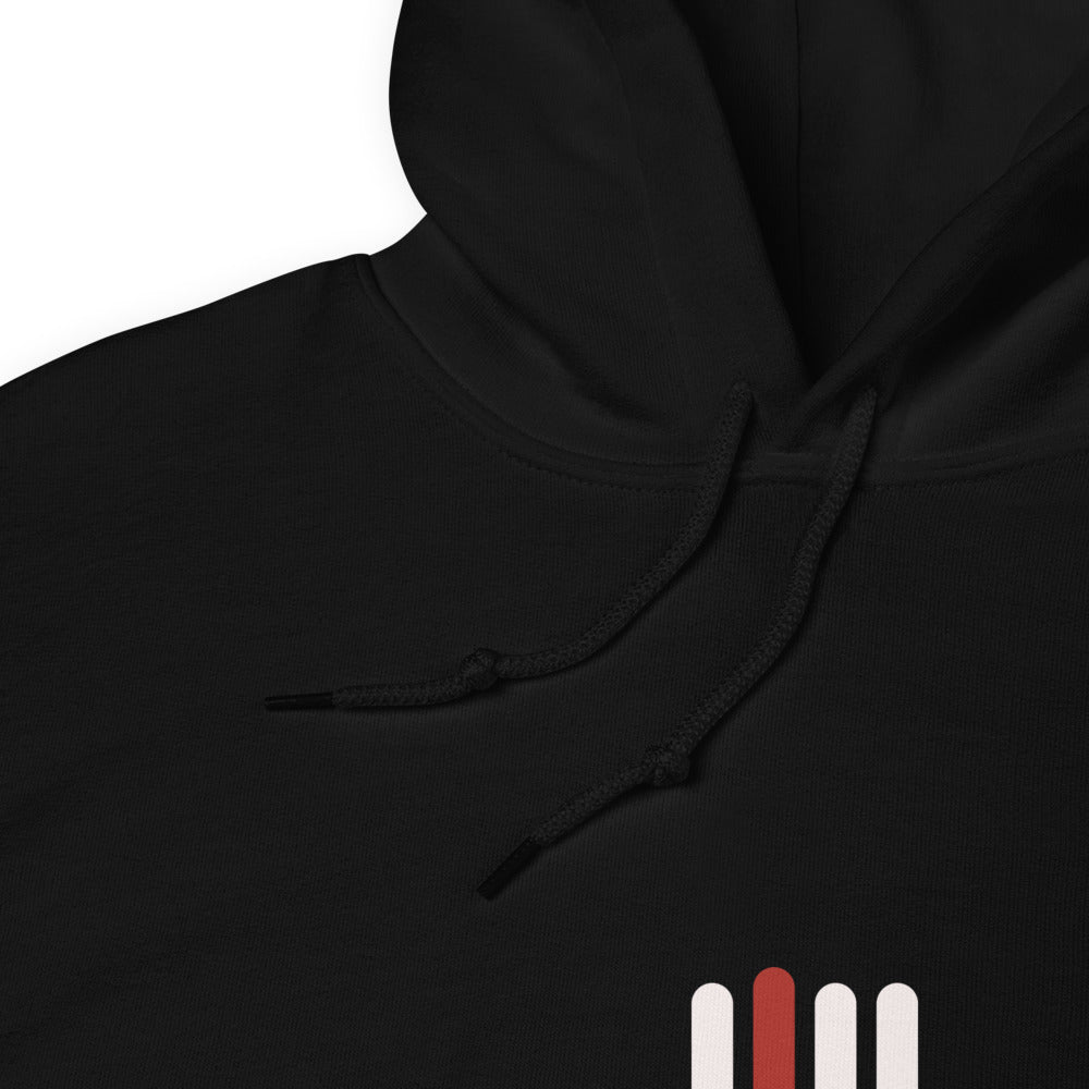 iPii.TV Daily Home Mode Hoodie in Schwarz – Nahaufnahme von Stoff, Kordeln und Vier-Balken-Zeichen