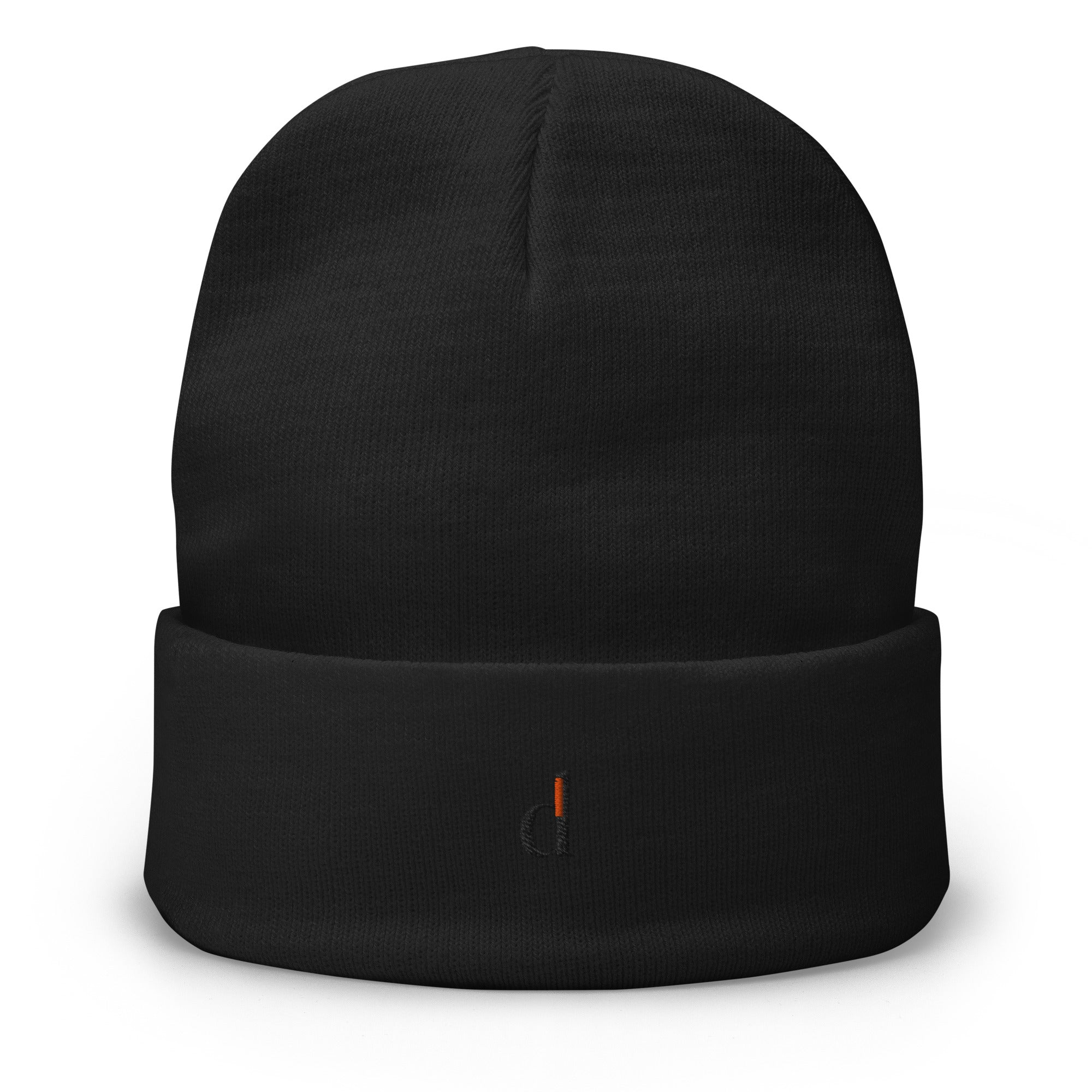 FORGE Beanie in Schwarz, gestrickte Rippstrick-Mütze mit Aufnäher, Frontansicht