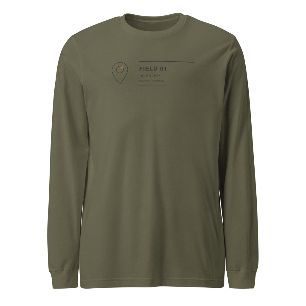 waymark Field Longsleeve 01 in Military Green – Frontansicht mit FIELD-01-System