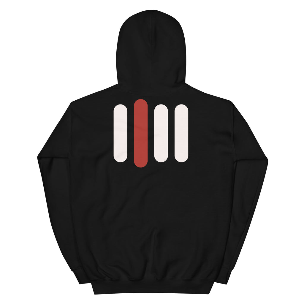 iPii.TV Daily Home Mode Hoodie in Schwarz – Rückansicht mit großem Vier-Balken-Zeichen