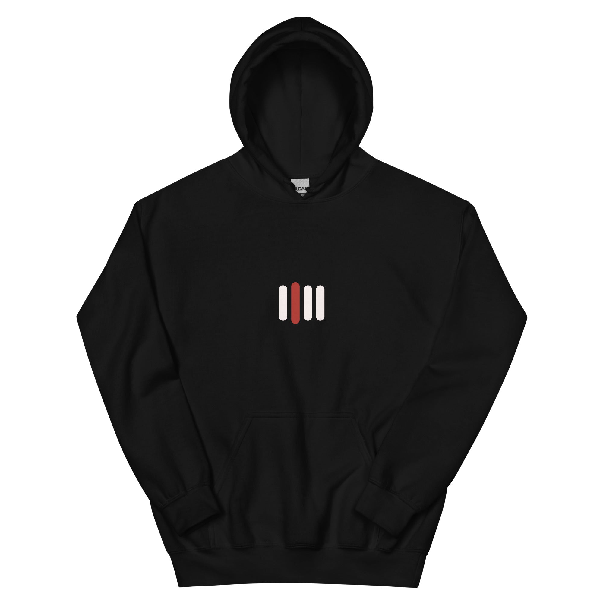iPii.TV Daily Home Mode Hoodie in Schwarz – Vorderansicht mit kleinem Vier-Balken-Zeichen