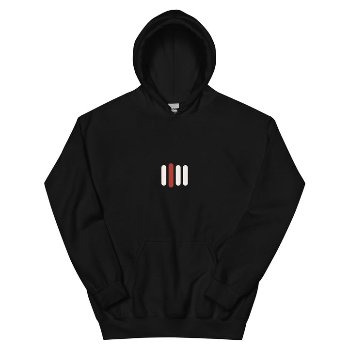 iPii.TV Daily Home Mode Hoodie in Schwarz – Vorderansicht mit kleinem Vier-Balken-Zeichen