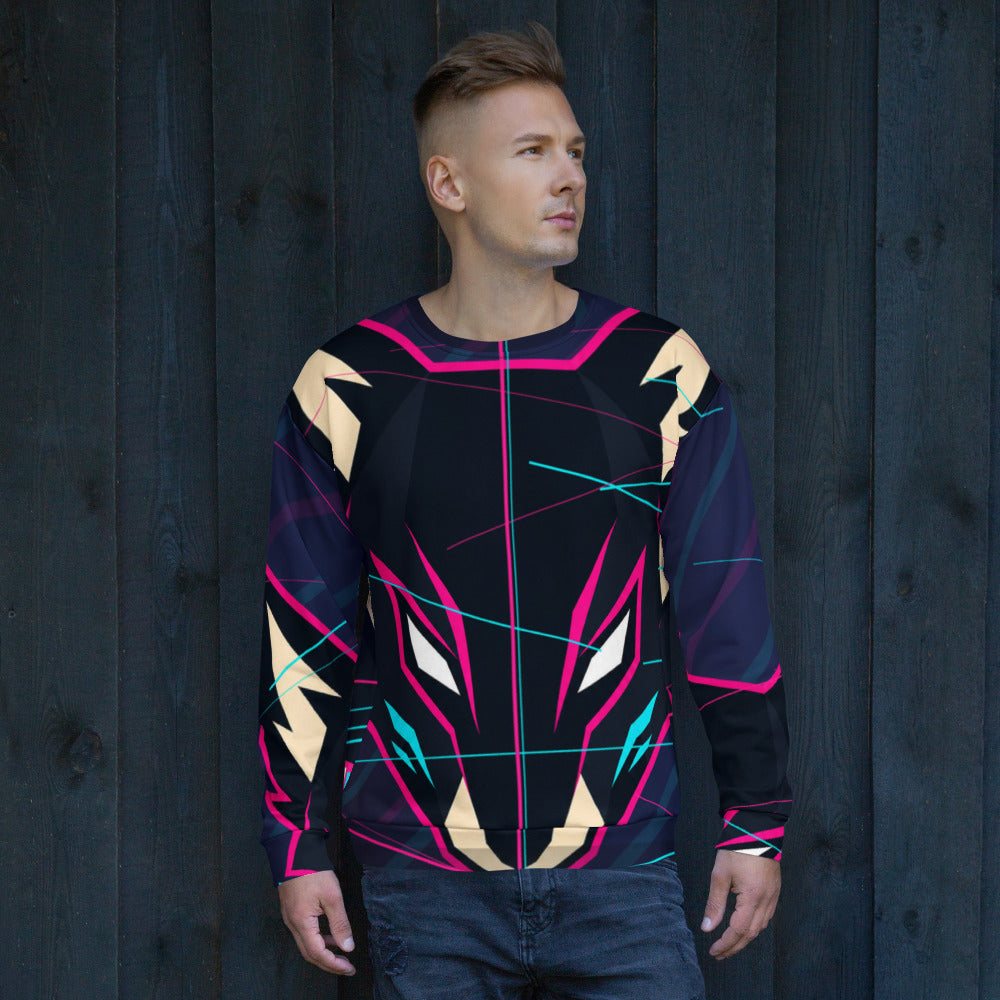 WOXWILD Nachtfuchs Sweatshirt am Modell, gerade Frontansicht mit durchgehendem Fuchsmotiv